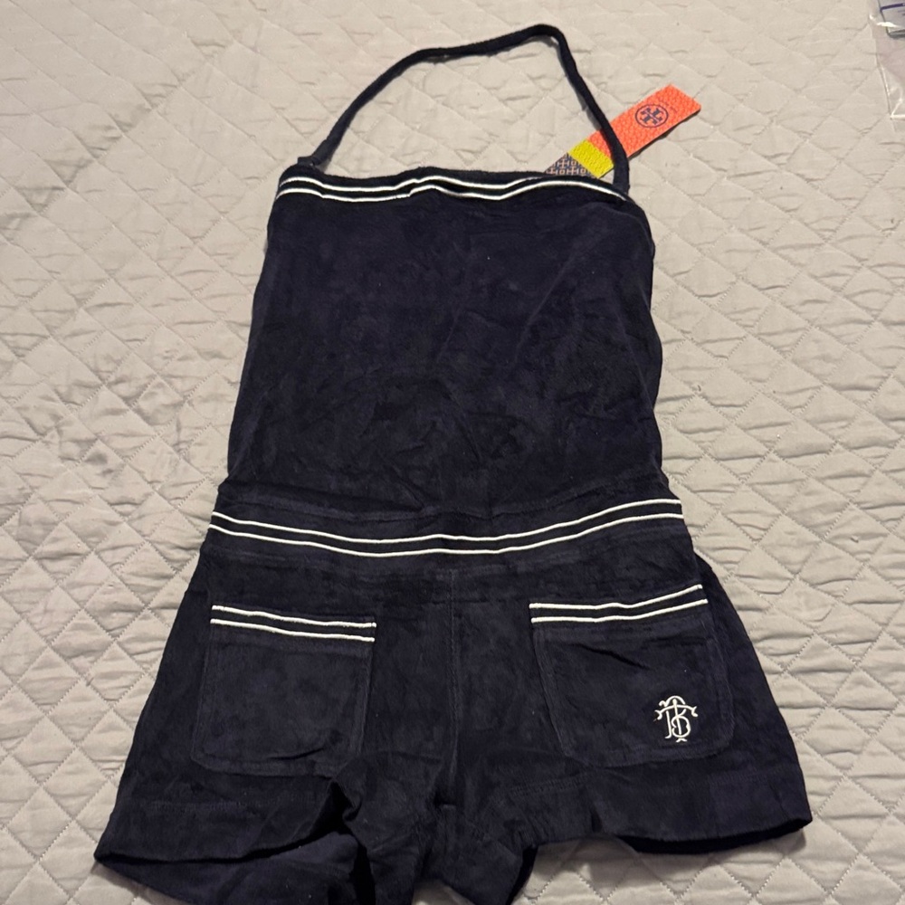 Tory Burch Dark Blue Terry Romper with White Trim